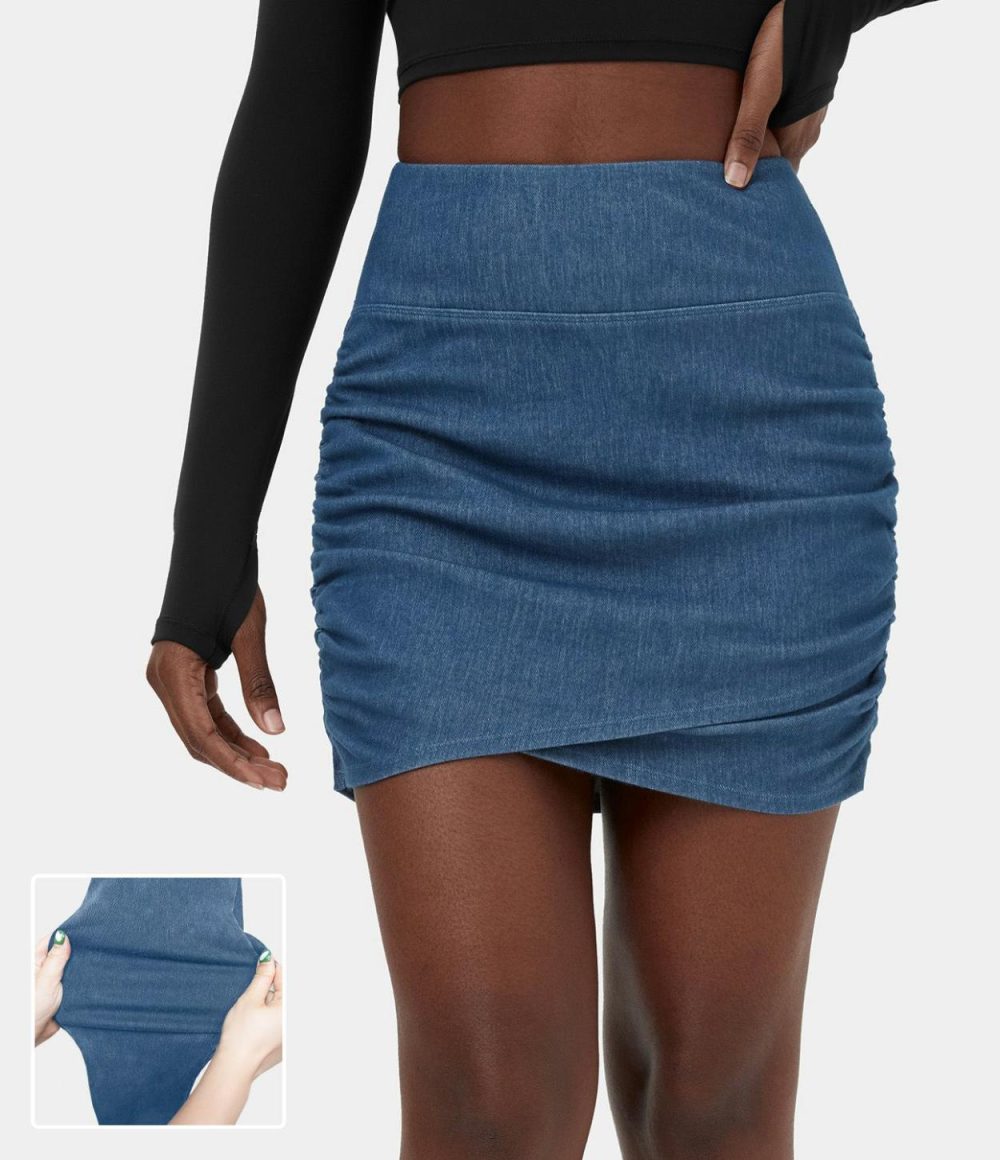 High Waisted Bodycon Stretchy Knit Denim Mini Ruched Casual Skirt  | Womens  Jeans Clothing Denim Shorts