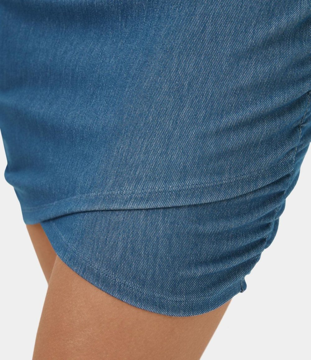 High Waisted Bodycon Stretchy Knit Denim Mini Ruched Casual Skirt  | Womens  Jeans Clothing Denim Shorts