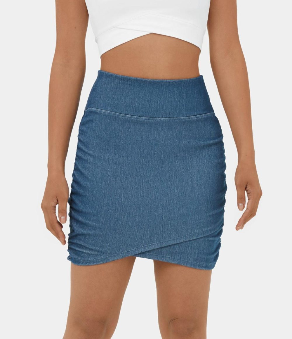 High Waisted Bodycon Stretchy Knit Denim Mini Ruched Casual Skirt  | Womens  Jeans Clothing Denim Shorts