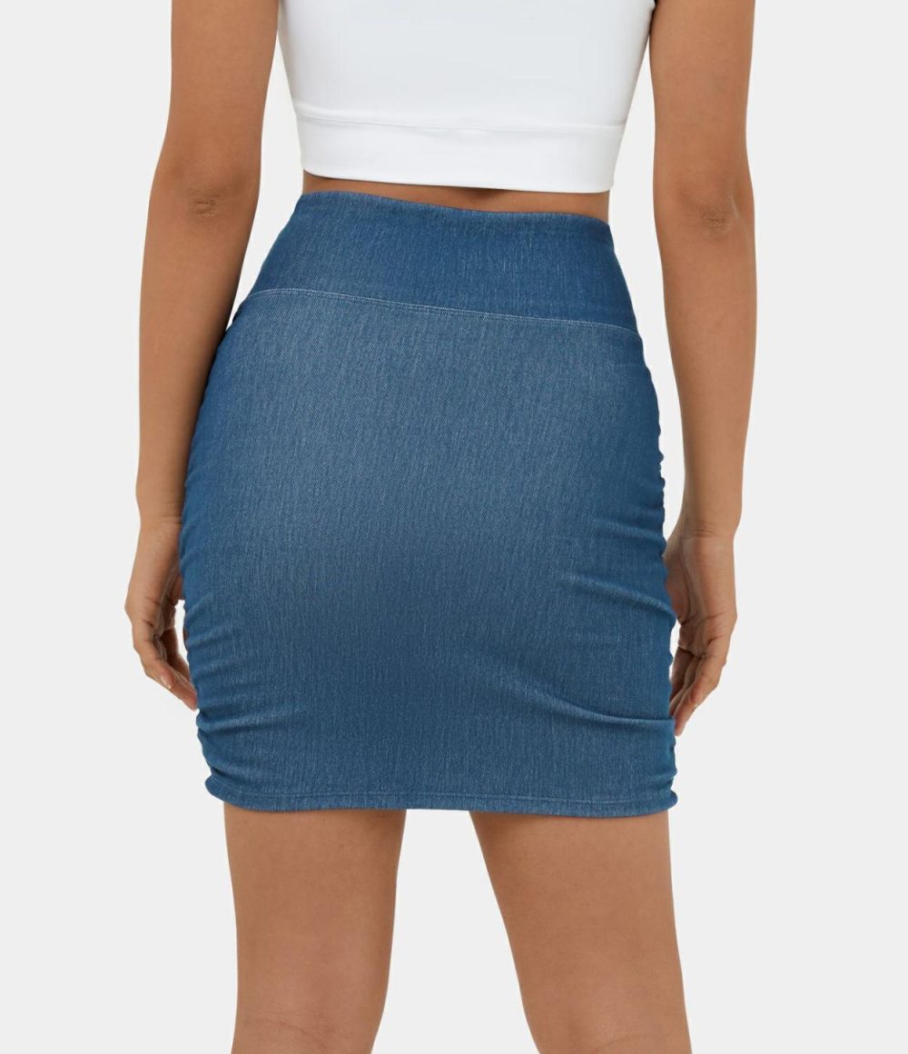 High Waisted Bodycon Stretchy Knit Denim Mini Ruched Casual Skirt  | Womens  Jeans Clothing Denim Shorts