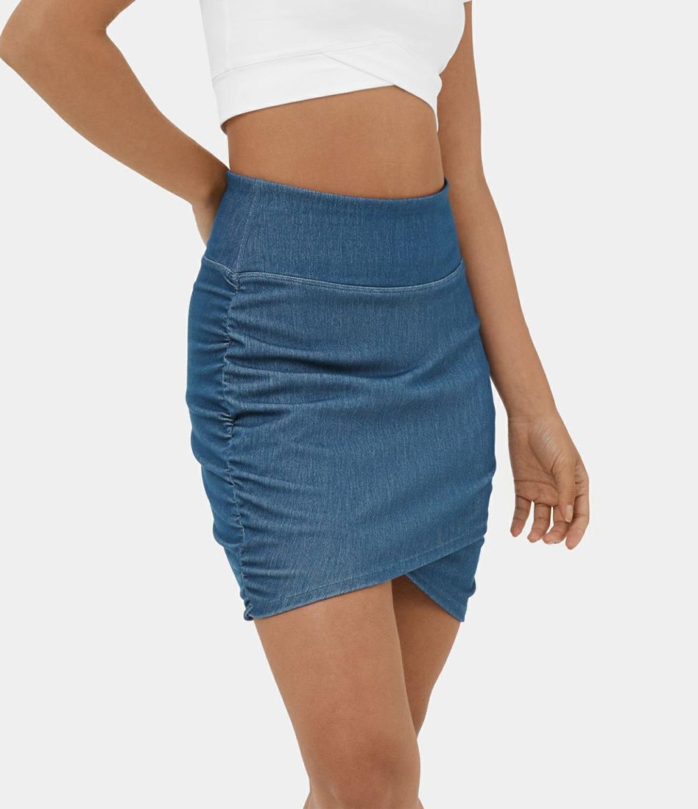 High Waisted Bodycon Stretchy Knit Denim Mini Ruched Casual Skirt  | Womens  Jeans Clothing Denim Shorts