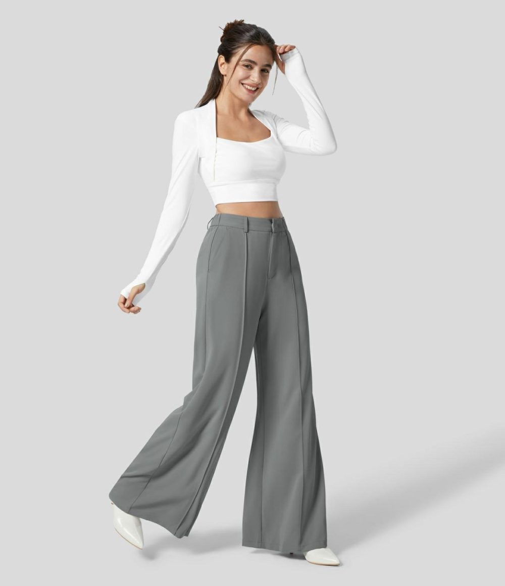 High Waisted Buckle Zipper Side Pocket Wide Leg Work Pants  | Womens  Active Work Pants Active Work Pants Active Work Pants