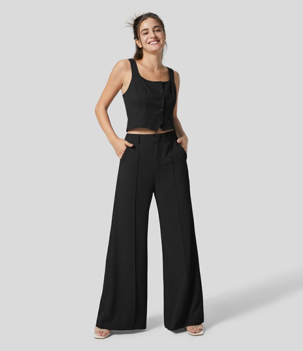 High Waisted Buckle Zipper Side Pocket Wide Leg Work Pants  | Womens  Active Work Pants Active Work Pants Active Work Pants