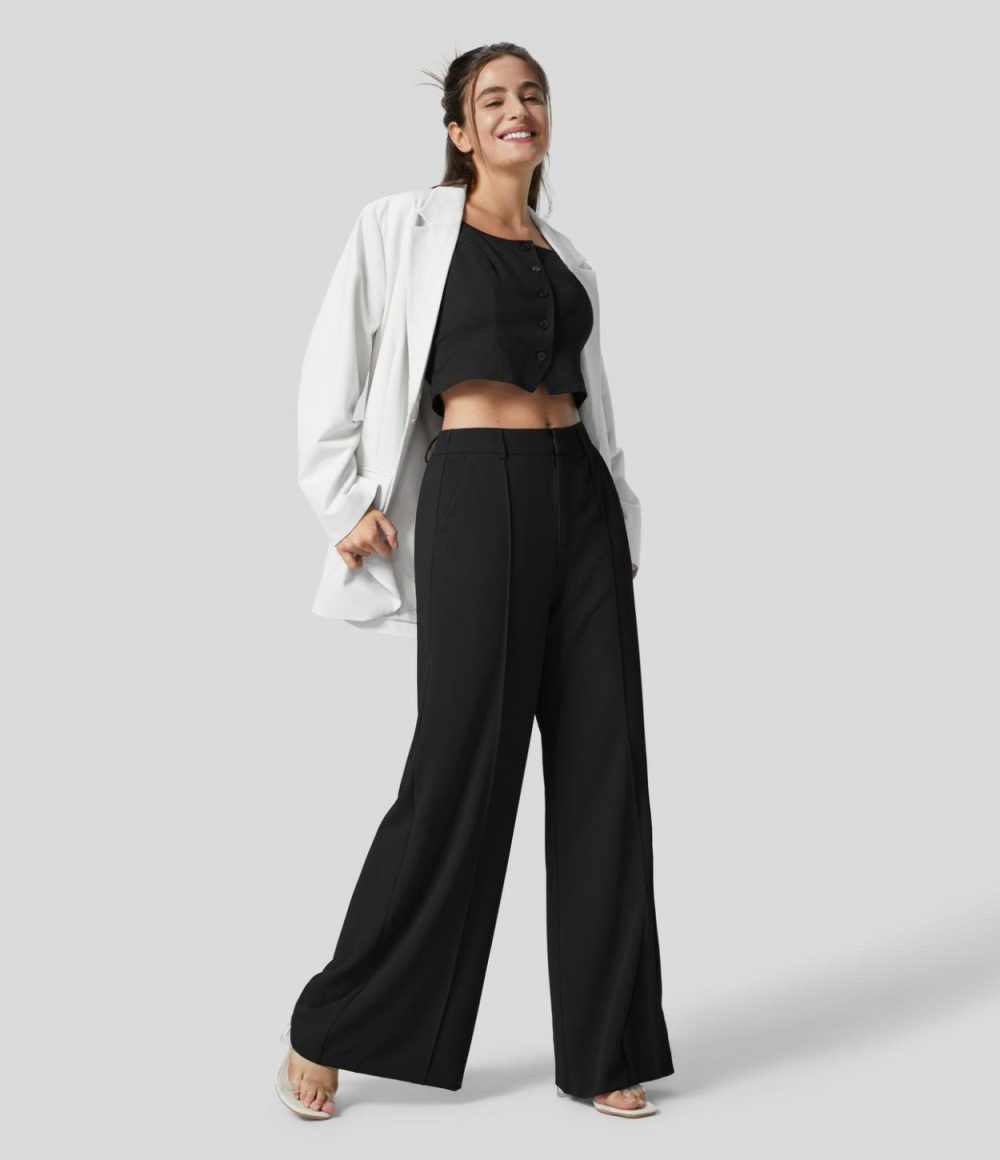 High Waisted Buckle Zipper Side Pocket Wide Leg Work Pants  | Womens  Active Work Pants Active Work Pants Active Work Pants