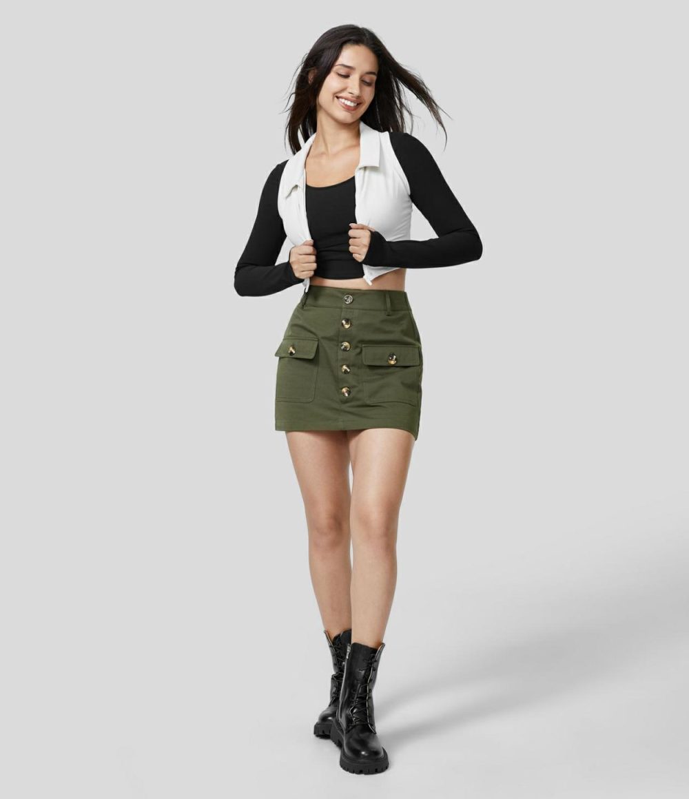 High Waisted Button Flap Cargo Pocket A Line Mini Casual Cotton Skirt  | Womens  Cargo Pants Cargo Pants Black/Hazel Mist Green