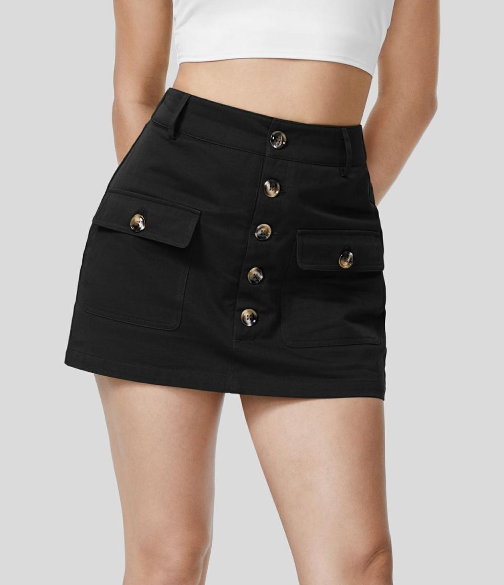 High Waisted Button Flap Cargo Pocket A Line Mini Casual Cotton Skirt  | Womens  Cargo Pants Cargo Pants Black/Hazel Mist Green