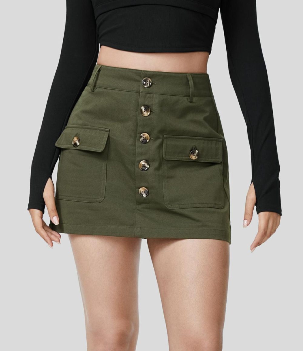 High Waisted Button Flap Cargo Pocket A Line Mini Casual Cotton Skirt  | Womens  Cargo Pants Cargo Pants Black/Hazel Mist Green