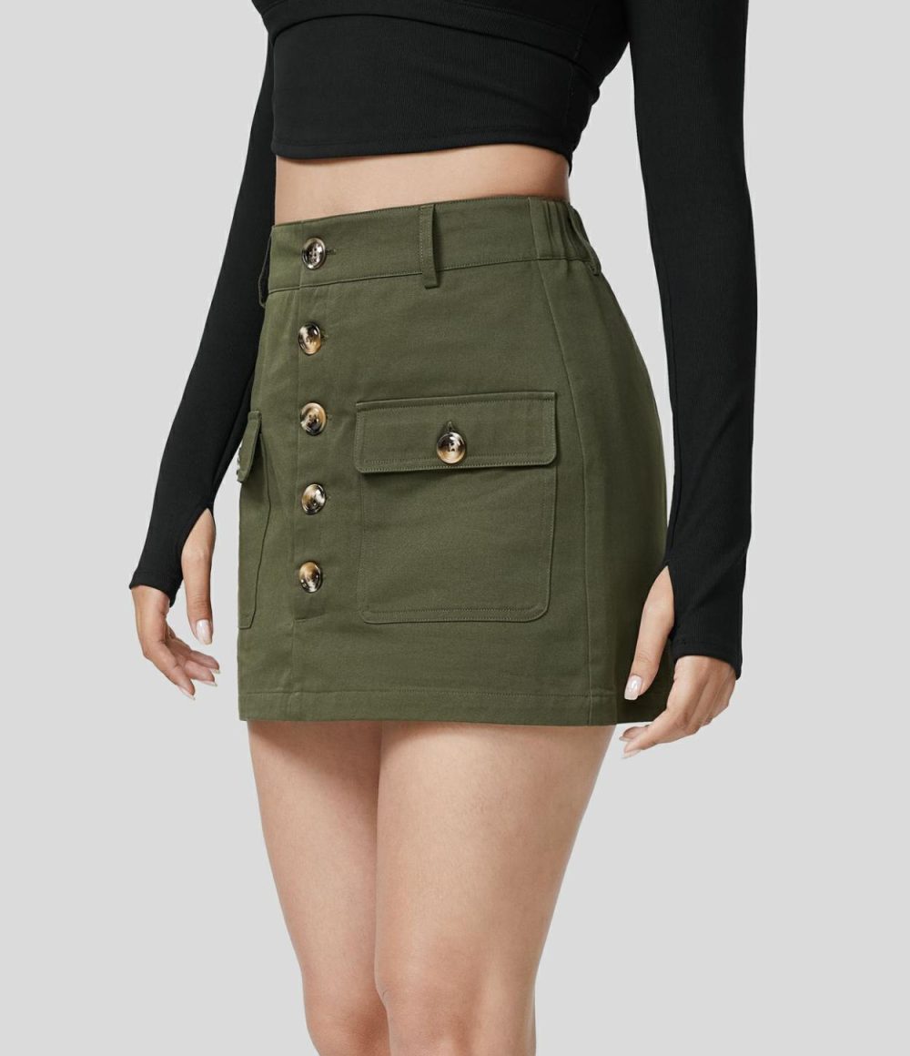 High Waisted Button Flap Cargo Pocket A Line Mini Casual Cotton Skirt  | Womens  Cargo Pants Cargo Pants Black/Hazel Mist Green