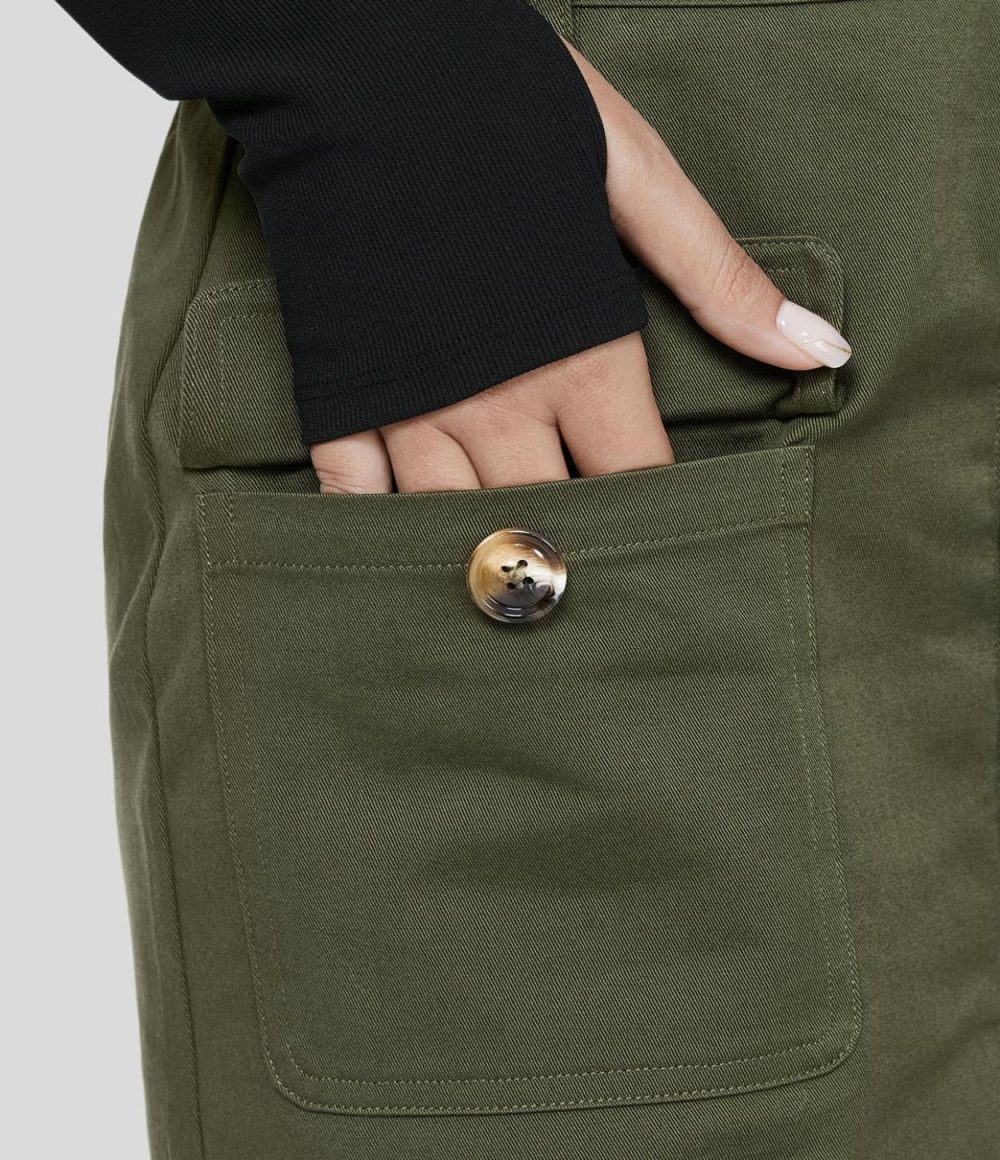 High Waisted Button Flap Cargo Pocket A Line Mini Casual Cotton Skirt  | Womens  Cargo Pants Cargo Pants Black/Hazel Mist Green