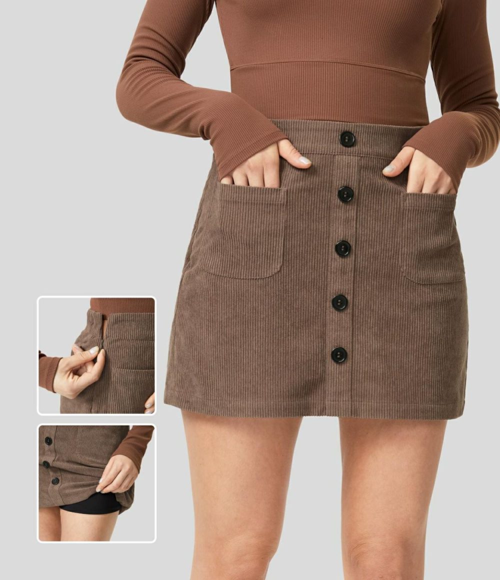 High Waisted Button Front Side Pocket Zipper 2-in-1 Corduroy Mini Casual Skirt  | Womens  Mini Skirts Clothing Cocoa Brown/Black/Pomegranate/Icy Bamboo Green