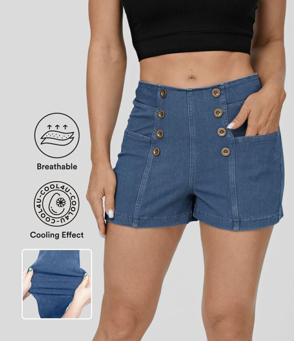 High Waisted Button Multiple Pockets Cool Touch Breathable Washed Stretchy Knit Denim Casual Shorts 2.5”  | Womens  Jeans Clothing Denim Shorts