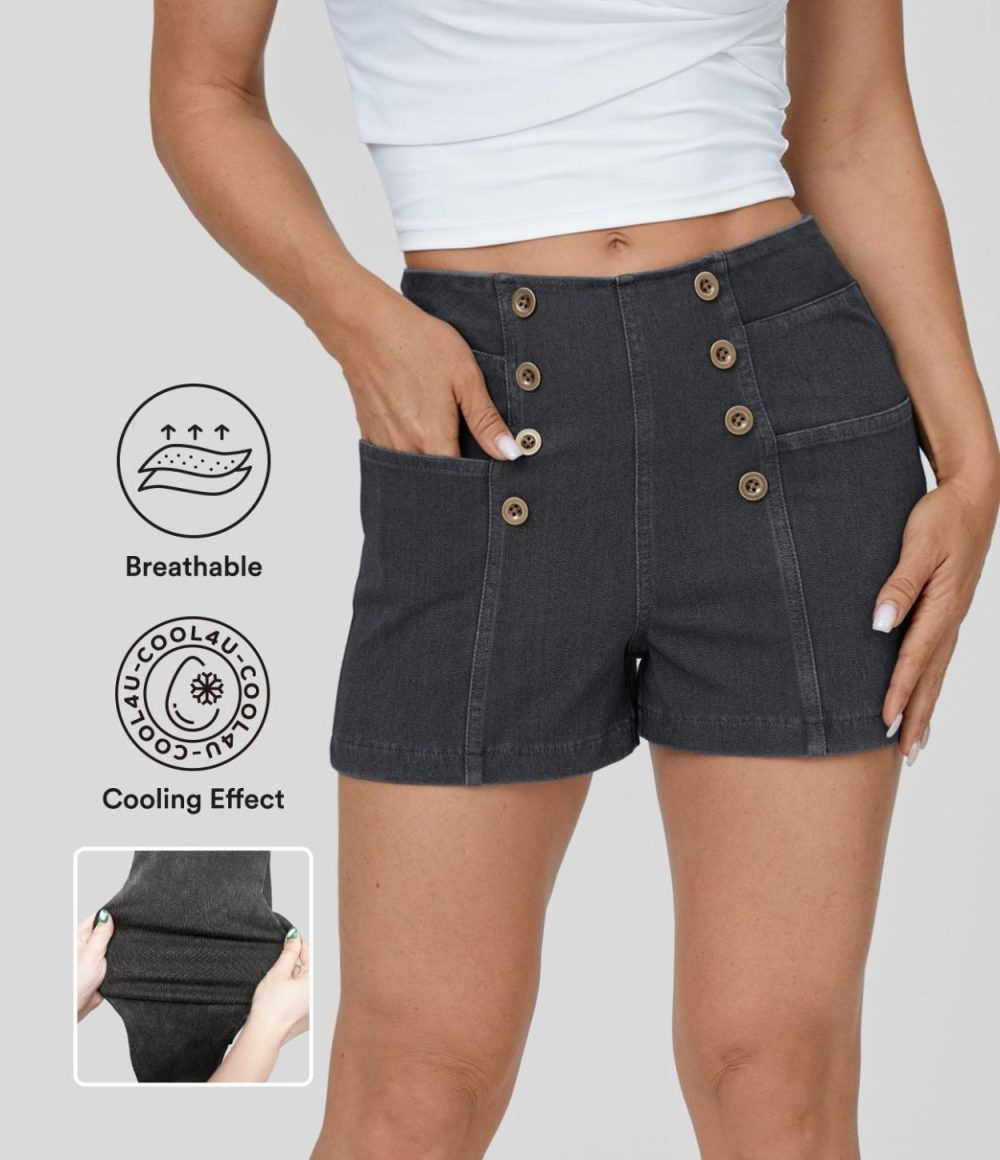 High Waisted Button Multiple Pockets Cool Touch Breathable Washed Stretchy Knit Denim Casual Shorts 2.5”  | Womens  Jeans Clothing Denim Shorts