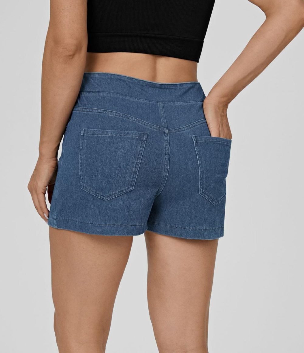 High Waisted Button Multiple Pockets Cool Touch Breathable Washed Stretchy Knit Denim Casual Shorts 2.5”  | Womens  Jeans Clothing Denim Shorts