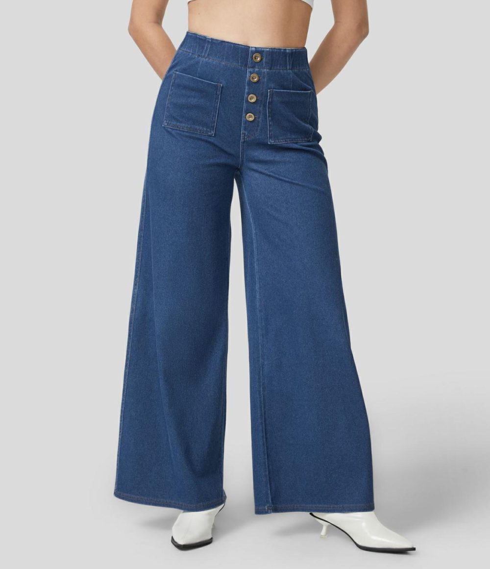 High Waisted Button Multiple Pockets Washed Stretchy Knit Casual Wide Leg Full Length Jeans  | Womens  Jeans Clothing Apricot Blue Denim/Clear Blue Denim