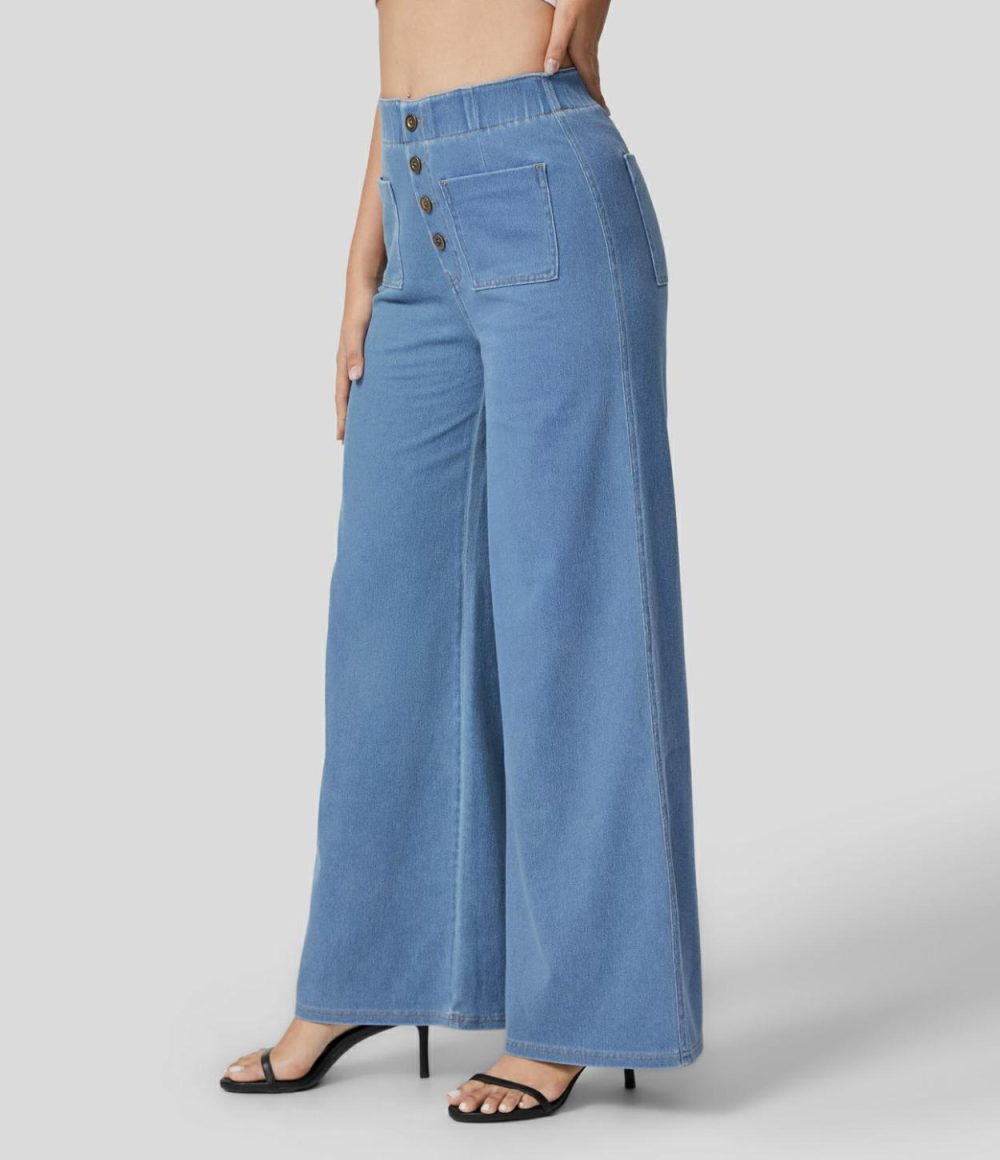 High Waisted Button Multiple Pockets Washed Stretchy Knit Casual Wide Leg Full Length Jeans  | Womens  Jeans Clothing Apricot Blue Denim/Clear Blue Denim