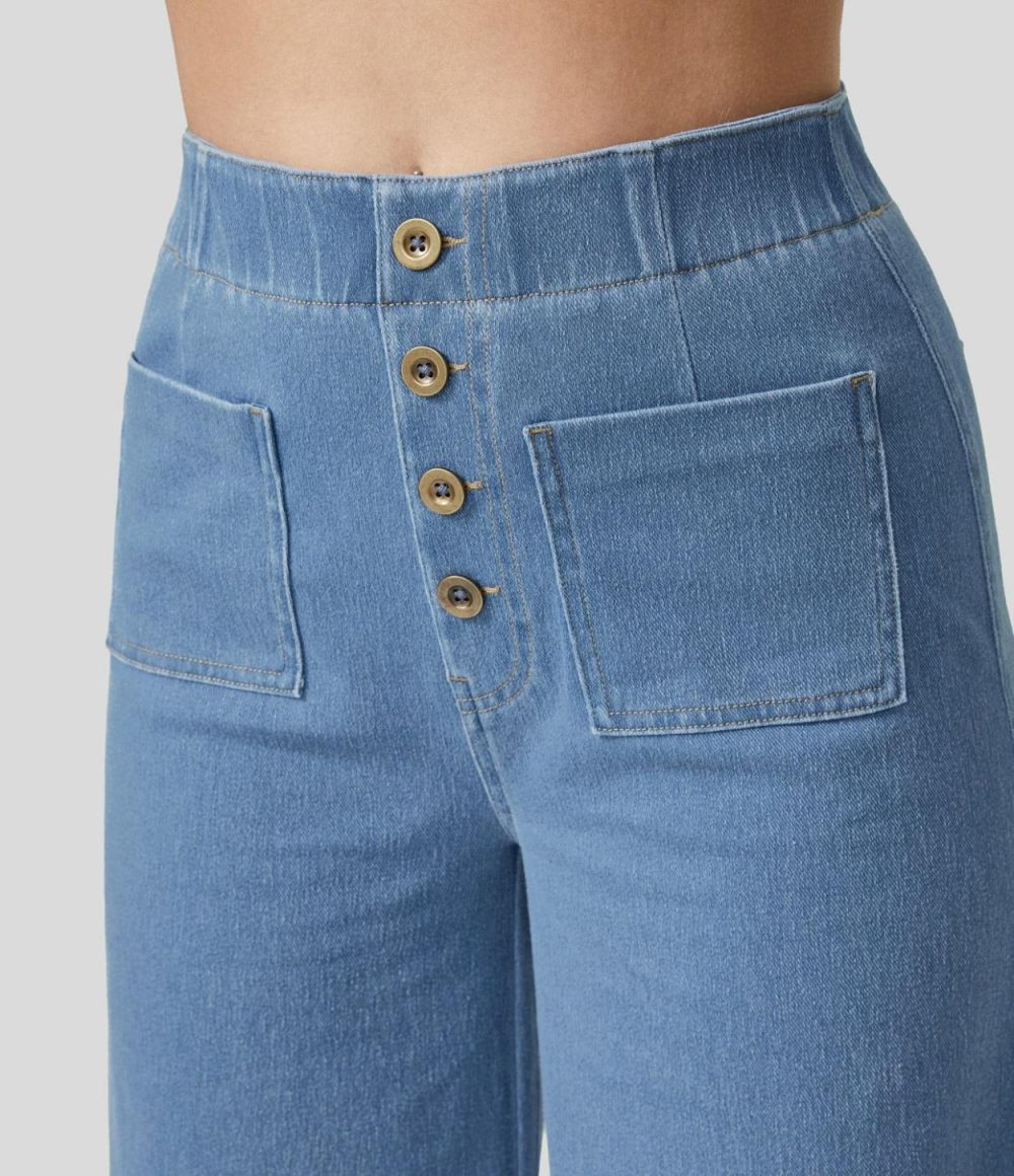 High Waisted Button Multiple Pockets Washed Stretchy Knit Casual Wide Leg Full Length Jeans  | Womens  Jeans Clothing Apricot Blue Denim/Clear Blue Denim