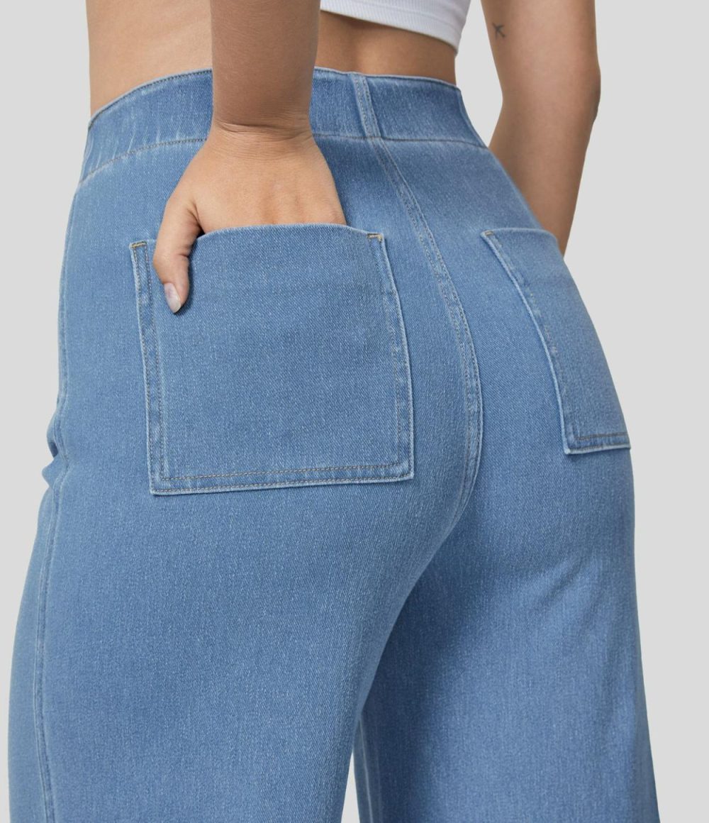 High Waisted Button Multiple Pockets Washed Stretchy Knit Casual Wide Leg Full Length Jeans  | Womens  Jeans Clothing Apricot Blue Denim/Clear Blue Denim