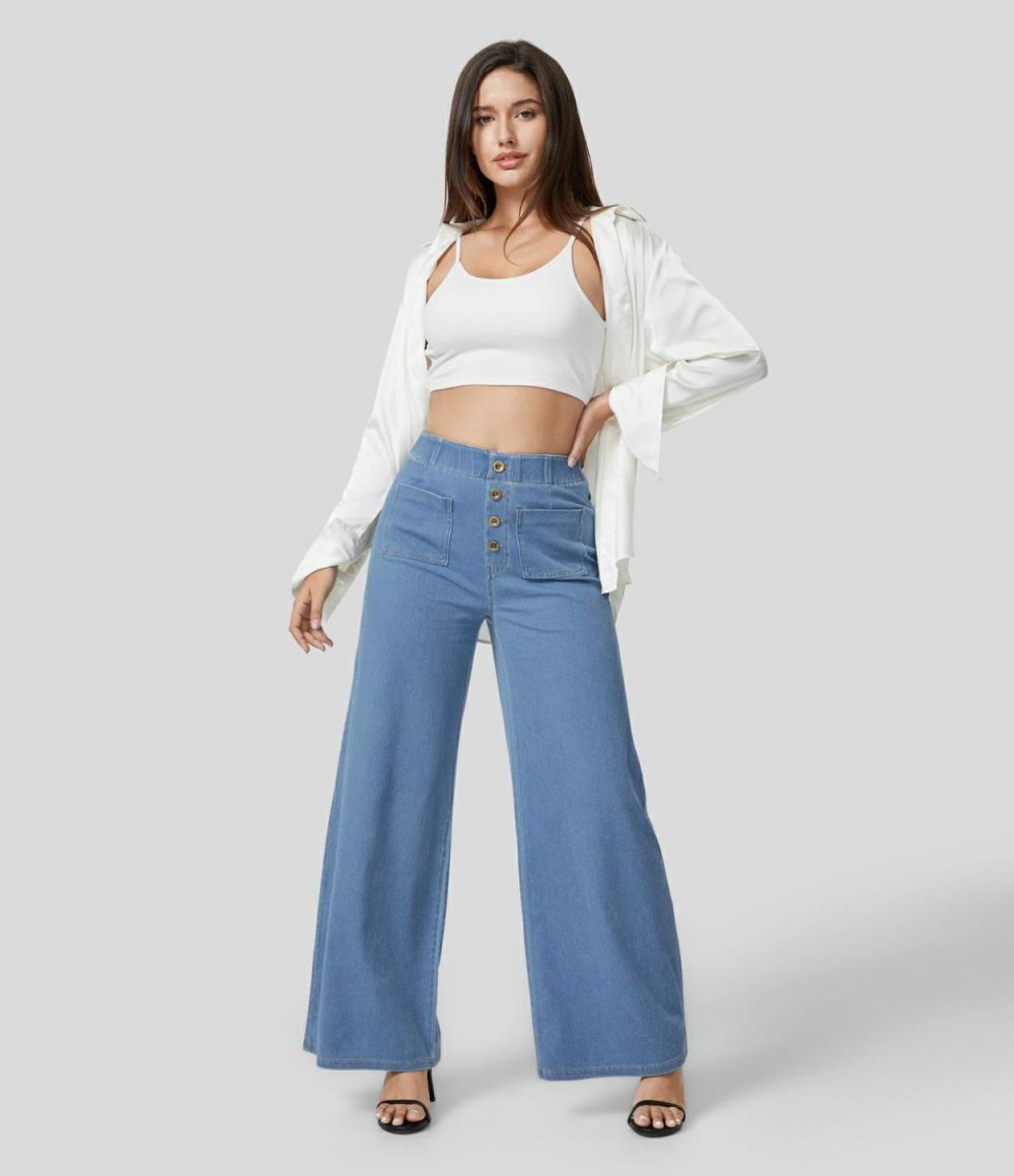 High Waisted Button Multiple Pockets Washed Stretchy Knit Casual Wide Leg Full Length Jeans  | Womens  Jeans Clothing Apricot Blue Denim/Clear Blue Denim