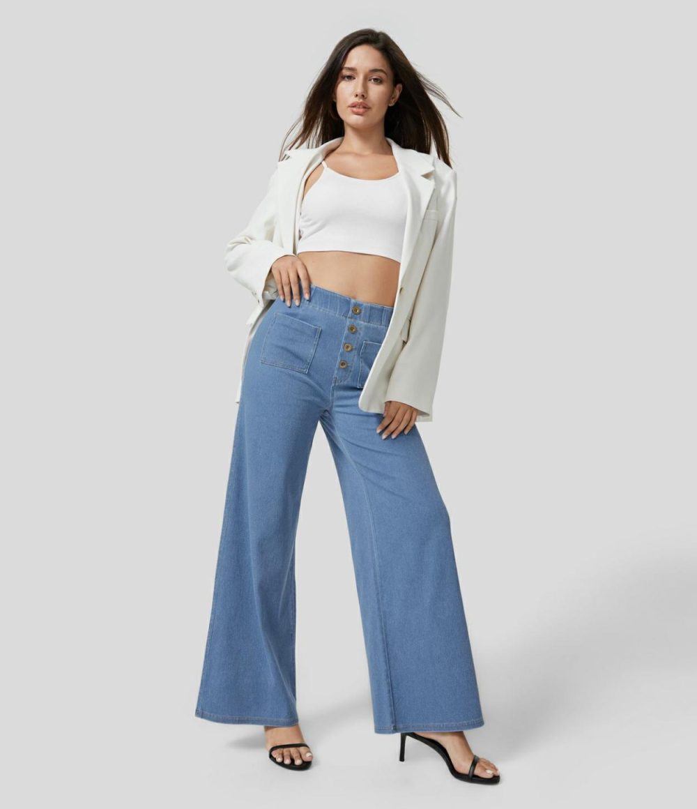 High Waisted Button Multiple Pockets Washed Stretchy Knit Casual Wide Leg Full Length Jeans  | Womens  Jeans Clothing Apricot Blue Denim/Clear Blue Denim