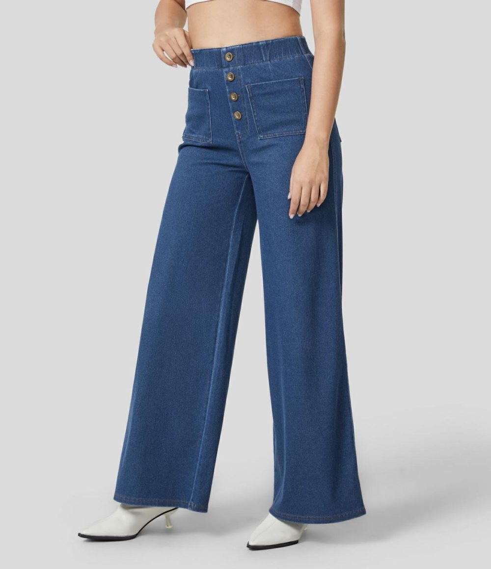 High Waisted Button Multiple Pockets Washed Stretchy Knit Casual Wide Leg Full Length Jeans  | Womens  Jeans Clothing Apricot Blue Denim/Clear Blue Denim