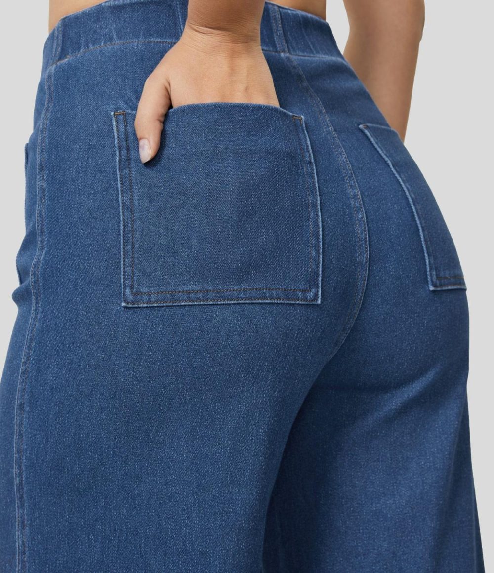 High Waisted Button Multiple Pockets Washed Stretchy Knit Casual Wide Leg Full Length Jeans  | Womens  Jeans Clothing Apricot Blue Denim/Clear Blue Denim