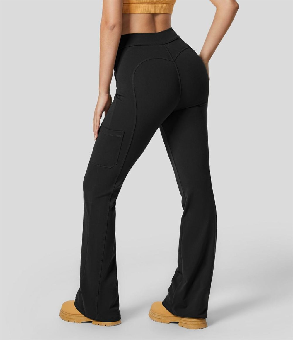 High Waisted Button Multiple Pockets Work Cargo Flare Pants  | Womens  Active Work Pants Active Work Pants Active Work Pants