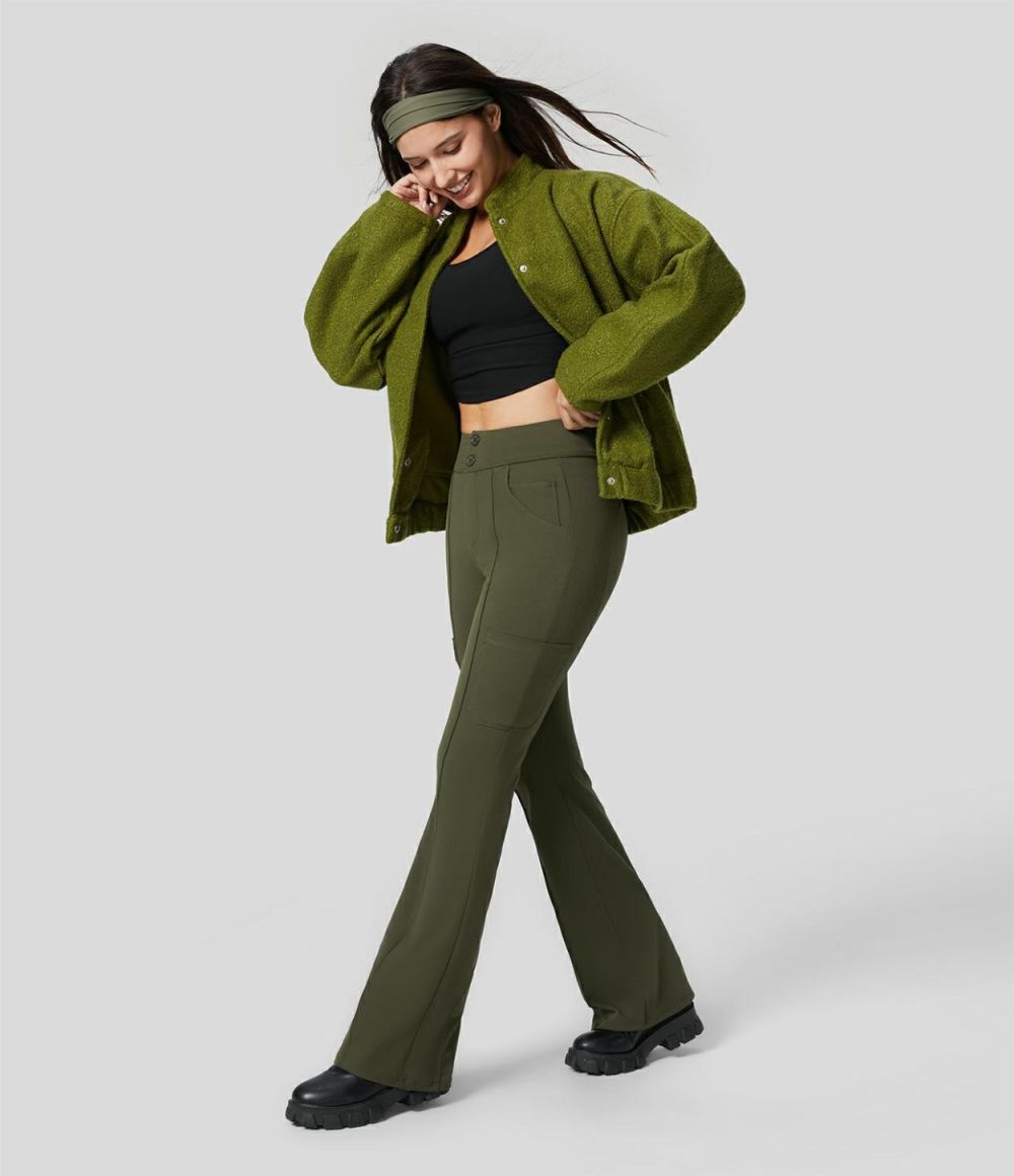 High Waisted Button Multiple Pockets Work Cargo Flare Pants  | Womens  Active Work Pants Active Work Pants Active Work Pants