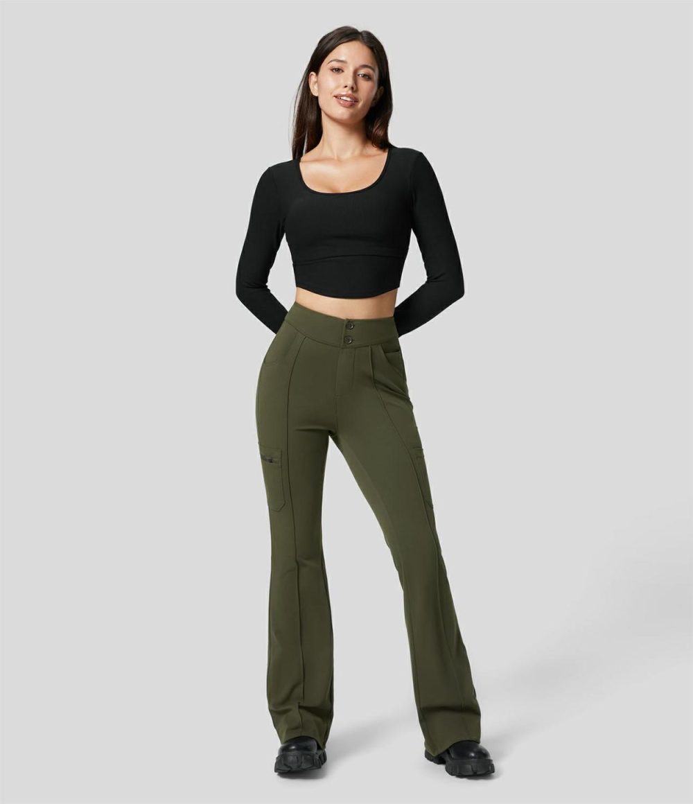 High Waisted Button Multiple Pockets Work Cargo Flare Pants  | Womens  Active Work Pants Active Work Pants Active Work Pants