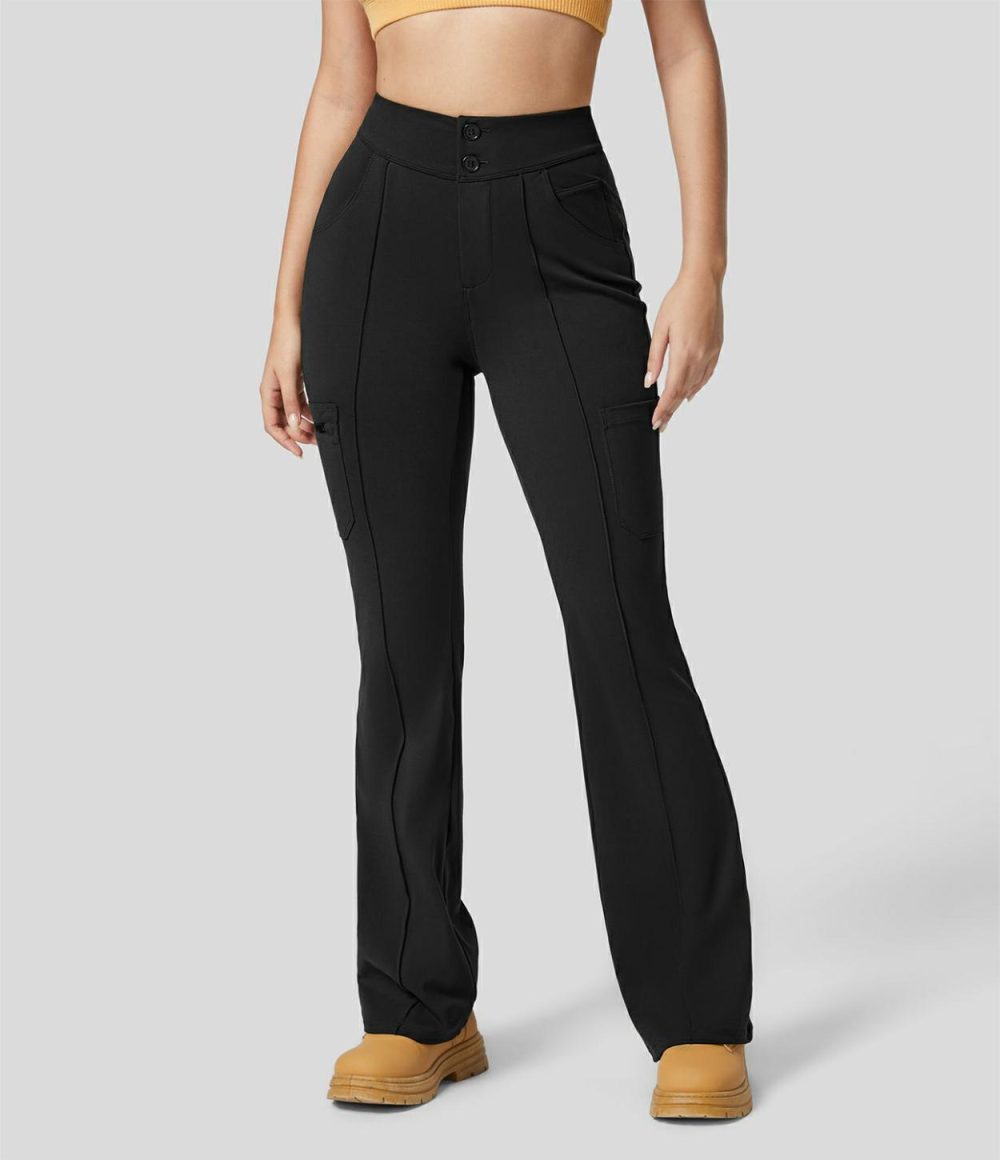 High Waisted Button Multiple Pockets Work Cargo Flare Pants  | Womens  Active Work Pants Active Work Pants Active Work Pants