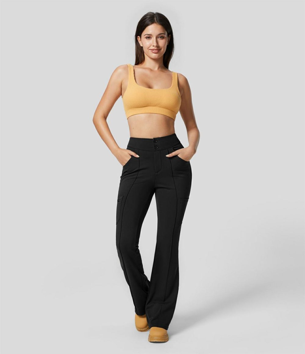 High Waisted Button Multiple Pockets Work Cargo Flare Pants  | Womens  Active Work Pants Active Work Pants Active Work Pants