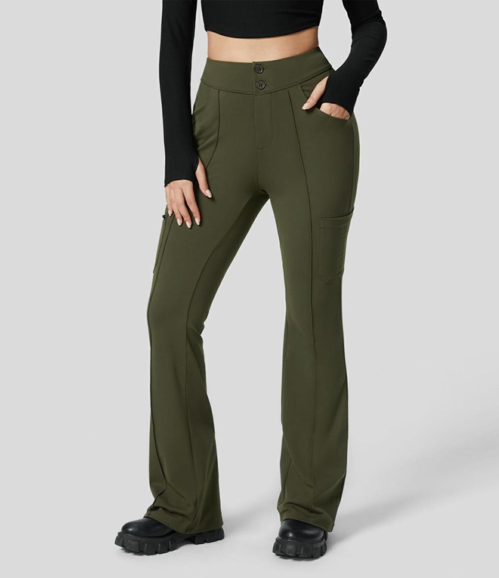 High Waisted Button Multiple Pockets Work Cargo Flare Pants  | Womens  Active Work Pants Active Work Pants Active Work Pants