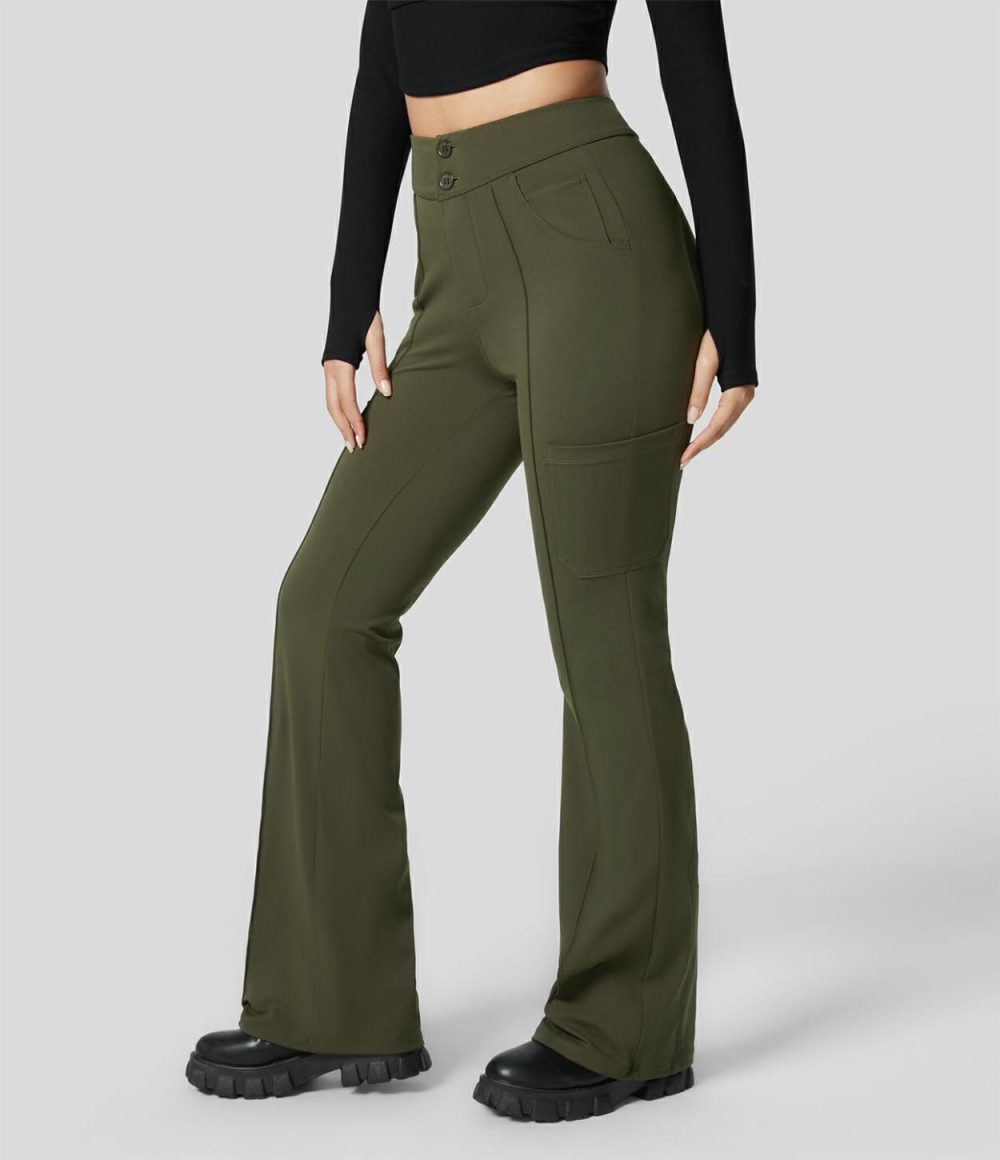 High Waisted Button Multiple Pockets Work Cargo Flare Pants  | Womens  Active Work Pants Active Work Pants Active Work Pants