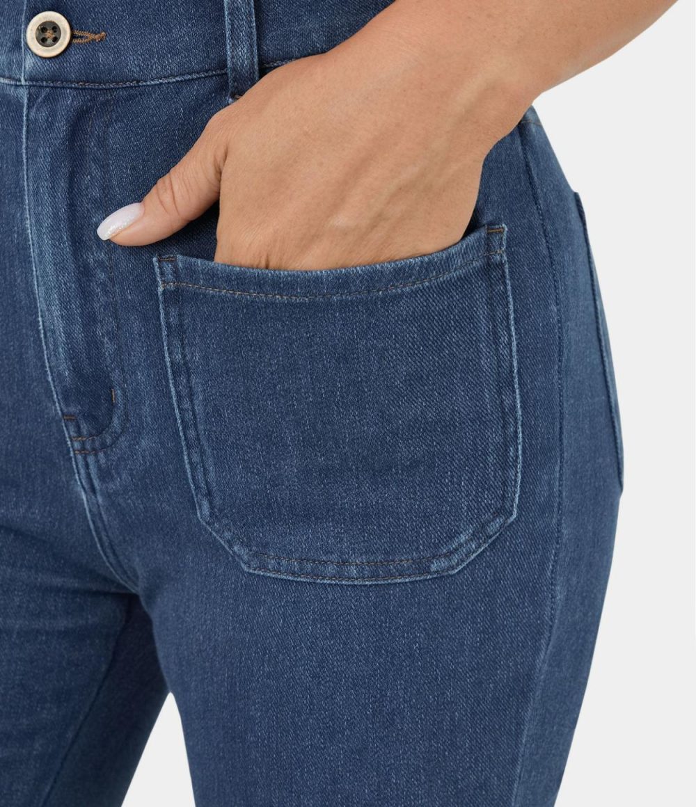 High Waisted Button Pockets Stretchy Knit Casual Flare Jeans  | Womens  Jeans Clothing Denim Shorts