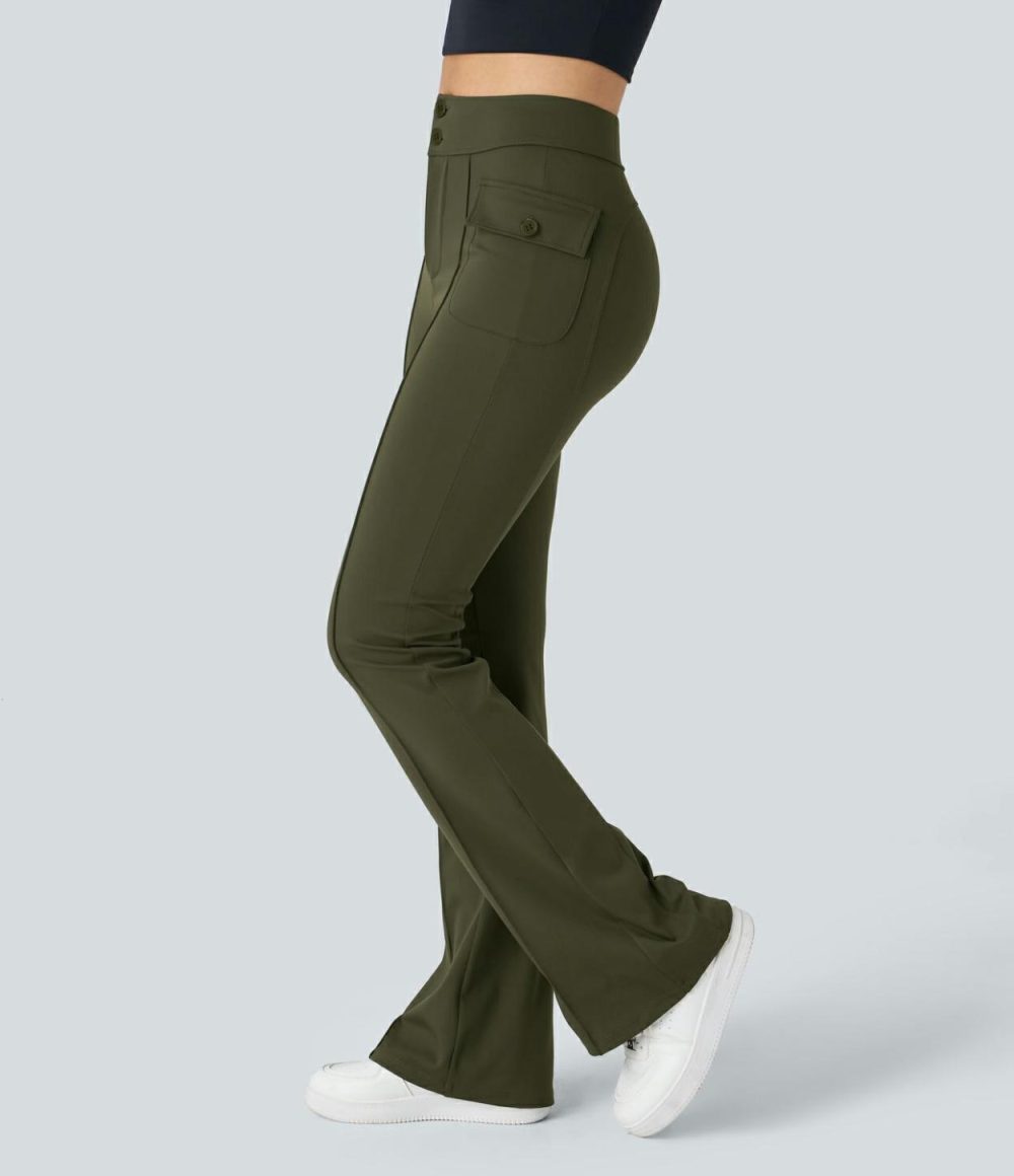 High Waisted Button Side Flap Pocket Flare Casual Cargo Pants  | Womens  Cargo Pants Cargo Pants Cargo Pants