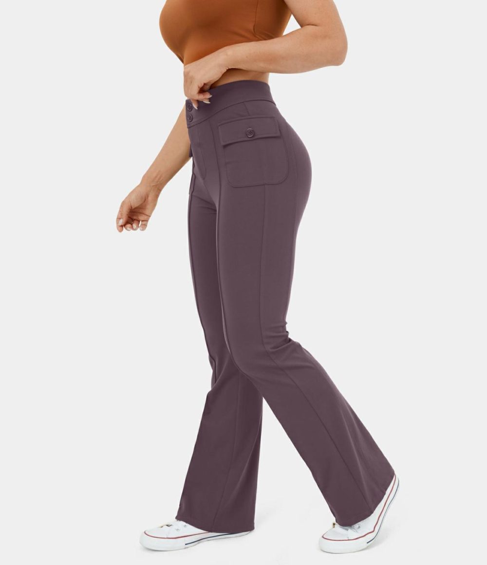 High Waisted Button Side Flap Pocket Flare Casual Cargo Pants  | Womens  Cargo Pants Cargo Pants Cargo Pants