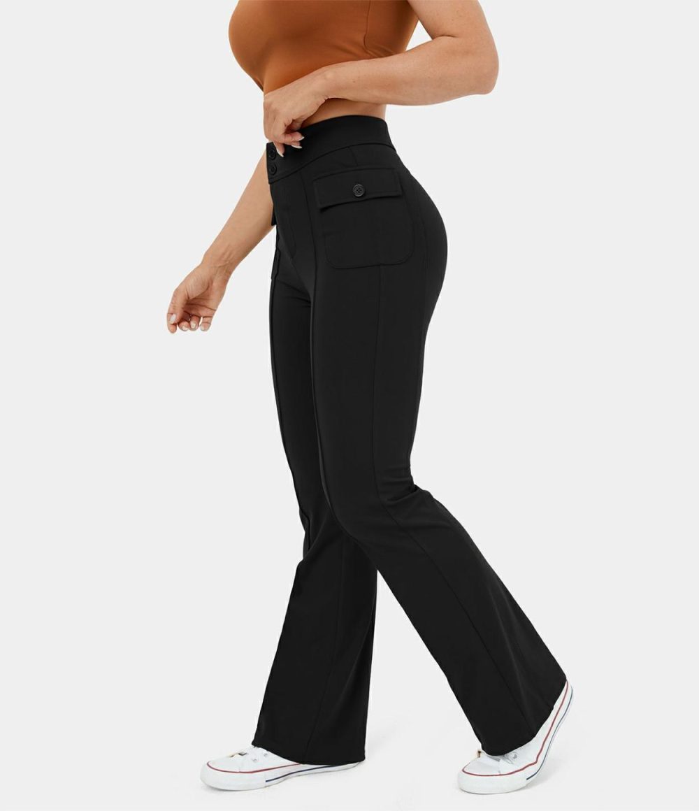 High Waisted Button Side Flap Pocket Flare Casual Cargo Pants  | Womens  Cargo Pants Cargo Pants Cargo Pants