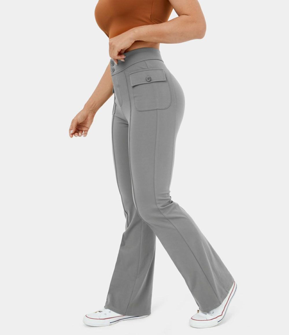 High Waisted Button Side Flap Pocket Flare Casual Cargo Pants  | Womens  Cargo Pants Cargo Pants Cargo Pants