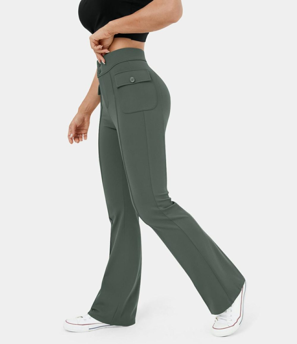 High Waisted Button Side Flap Pocket Flare Casual Cargo Pants  | Womens  Cargo Pants Cargo Pants Cargo Pants