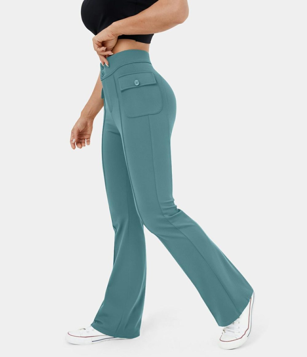 High Waisted Button Side Flap Pocket Flare Casual Cargo Pants  | Womens  Cargo Pants Cargo Pants Cargo Pants