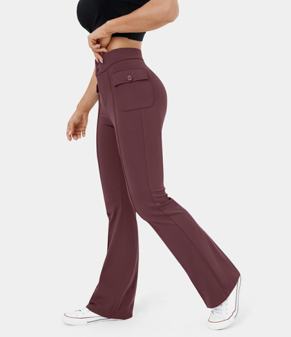 High Waisted Button Side Flap Pocket Flare Casual Cargo Pants  | Womens  Cargo Pants Cargo Pants Cargo Pants