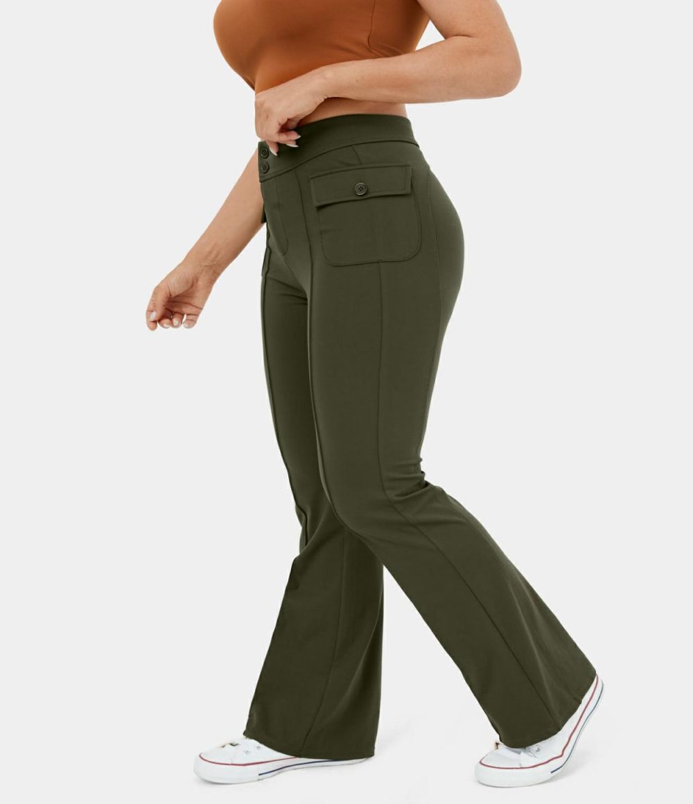 High Waisted Button Side Flap Pocket Flare Plus Size Casual Cargo Pants  | Womens  Cargo Pants Cargo Pants Cargo Pants