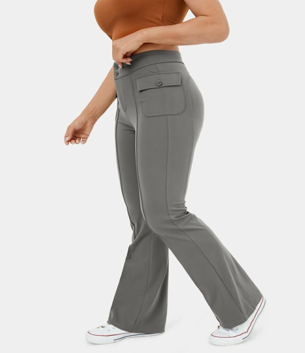 High Waisted Button Side Flap Pocket Flare Plus Size Casual Cargo Pants  | Womens  Cargo Pants Cargo Pants Cargo Pants