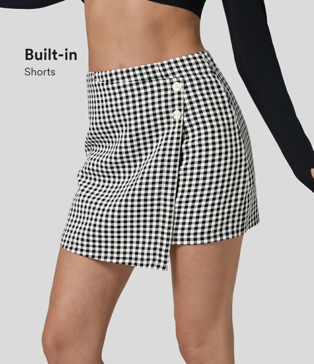 High Waisted Button Wrap Invisible Zipper 2-in-1 Gingham A Line Mini Casual Skirt  | Womens  Mini Skirts Clothing Black White Gingham/Green White Checkered