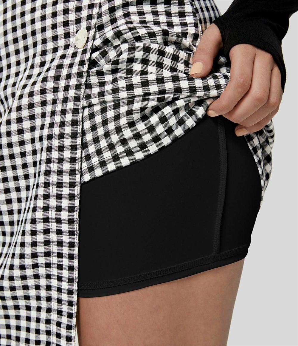 High Waisted Button Wrap Invisible Zipper 2-in-1 Gingham A Line Mini Casual Skirt  | Womens  Mini Skirts Clothing Black White Gingham/Green White Checkered