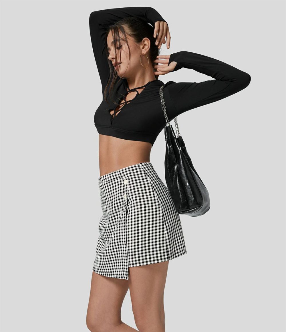 High Waisted Button Wrap Invisible Zipper 2-in-1 Gingham A Line Mini Casual Skirt  | Womens  Mini Skirts Clothing Black White Gingham/Green White Checkered