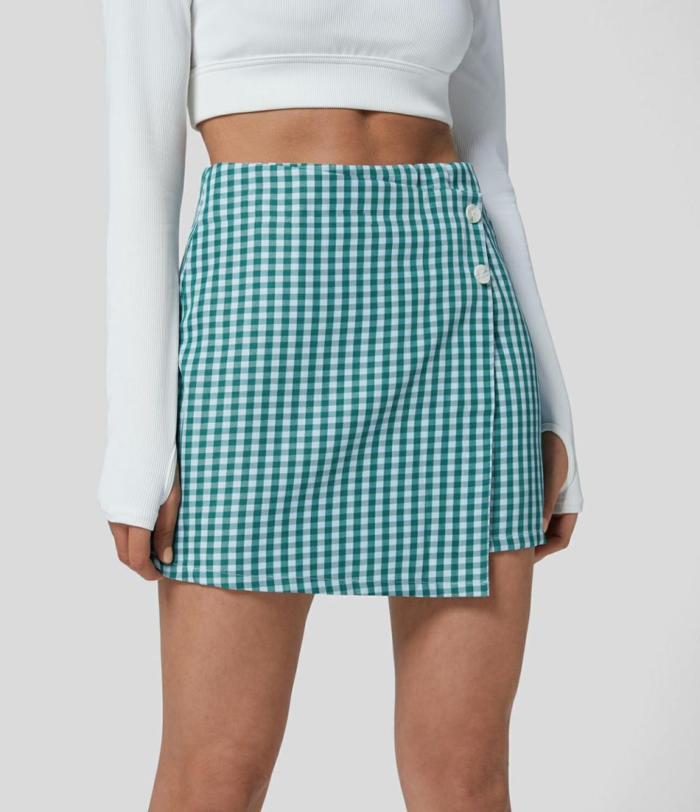 High Waisted Button Wrap Invisible Zipper 2-in-1 Gingham A Line Mini Casual Skirt  | Womens  Mini Skirts Clothing Black White Gingham/Green White Checkered