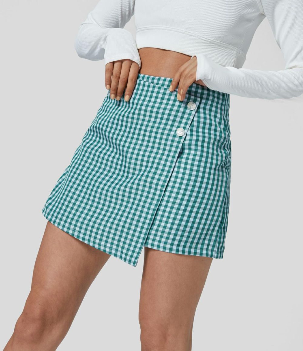 High Waisted Button Wrap Invisible Zipper 2-in-1 Gingham A Line Mini Casual Skirt  | Womens  Mini Skirts Clothing Black White Gingham/Green White Checkered