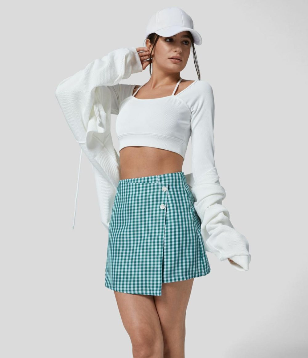 High Waisted Button Wrap Invisible Zipper 2-in-1 Gingham A Line Mini Casual Skirt  | Womens  Mini Skirts Clothing Black White Gingham/Green White Checkered