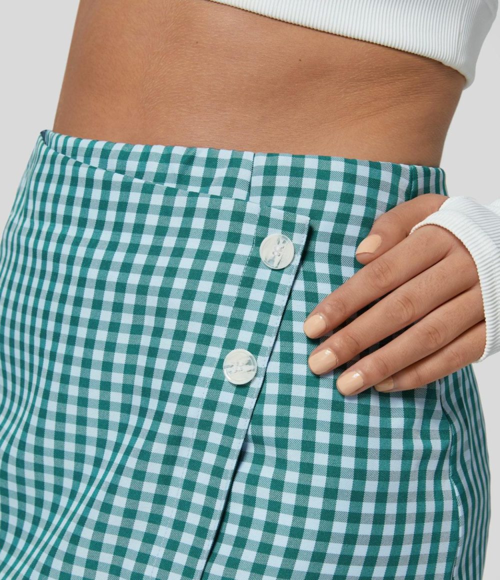 High Waisted Button Wrap Invisible Zipper 2-in-1 Gingham A Line Mini Casual Skirt  | Womens  Mini Skirts Clothing Black White Gingham/Green White Checkered