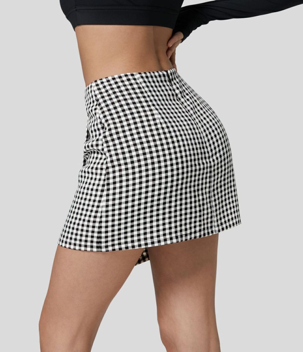 High Waisted Button Wrap Invisible Zipper 2-in-1 Gingham A Line Mini Casual Skirt  | Womens  Mini Skirts Clothing Black White Gingham/Green White Checkered